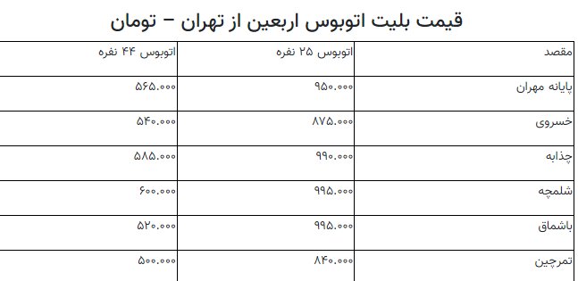 قیمت بلیت اتوبوس برای زیارت اربعین چقدر است؟